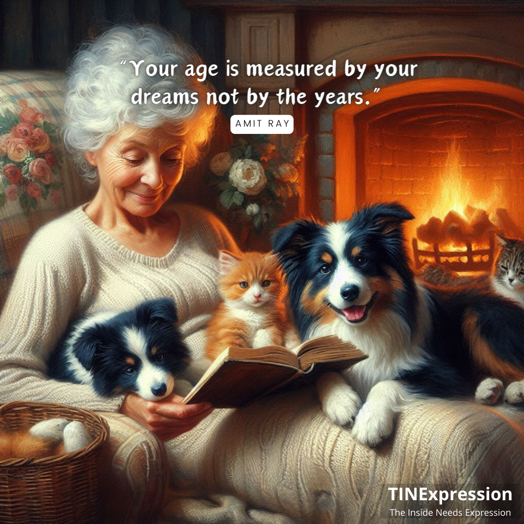 Vrouw leest bij de open haard, met drie honden en een kat op de bank.