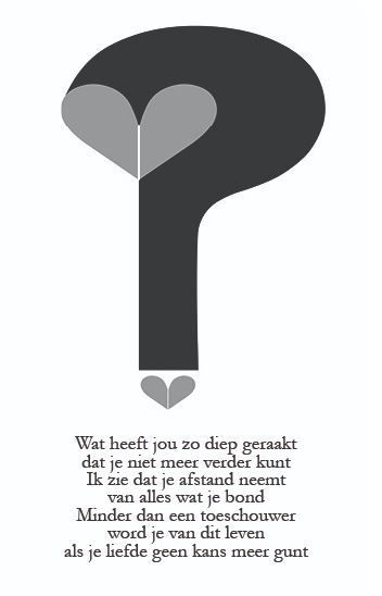 Een grijs vraagteken met een hartje en daaronder een kort Nederlands citaat.