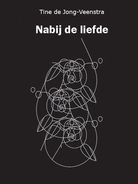 Book cover with Dutch title “Nabij de liefde” by Tine de Jong-Veenstra on a dark background with abstract line art