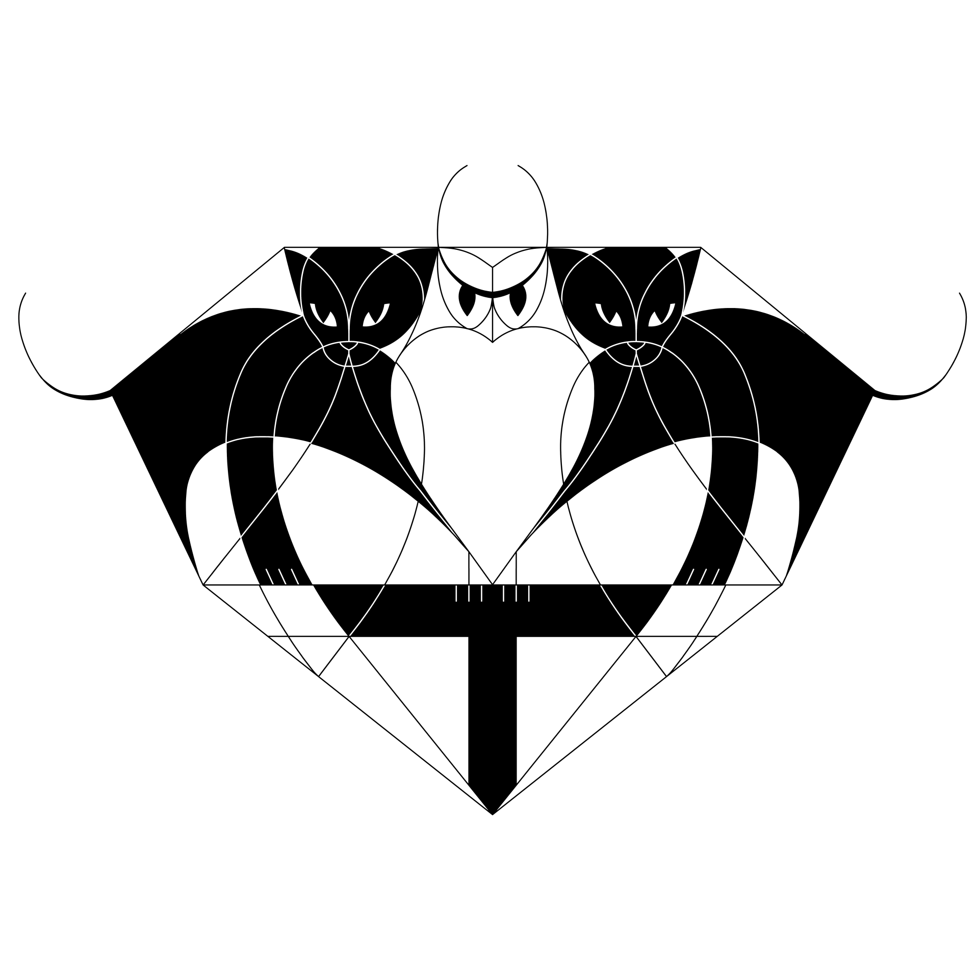 Gestileerd zwart-wit uil panter diamant- en hartmotief met symmetrische geometrische vormen.