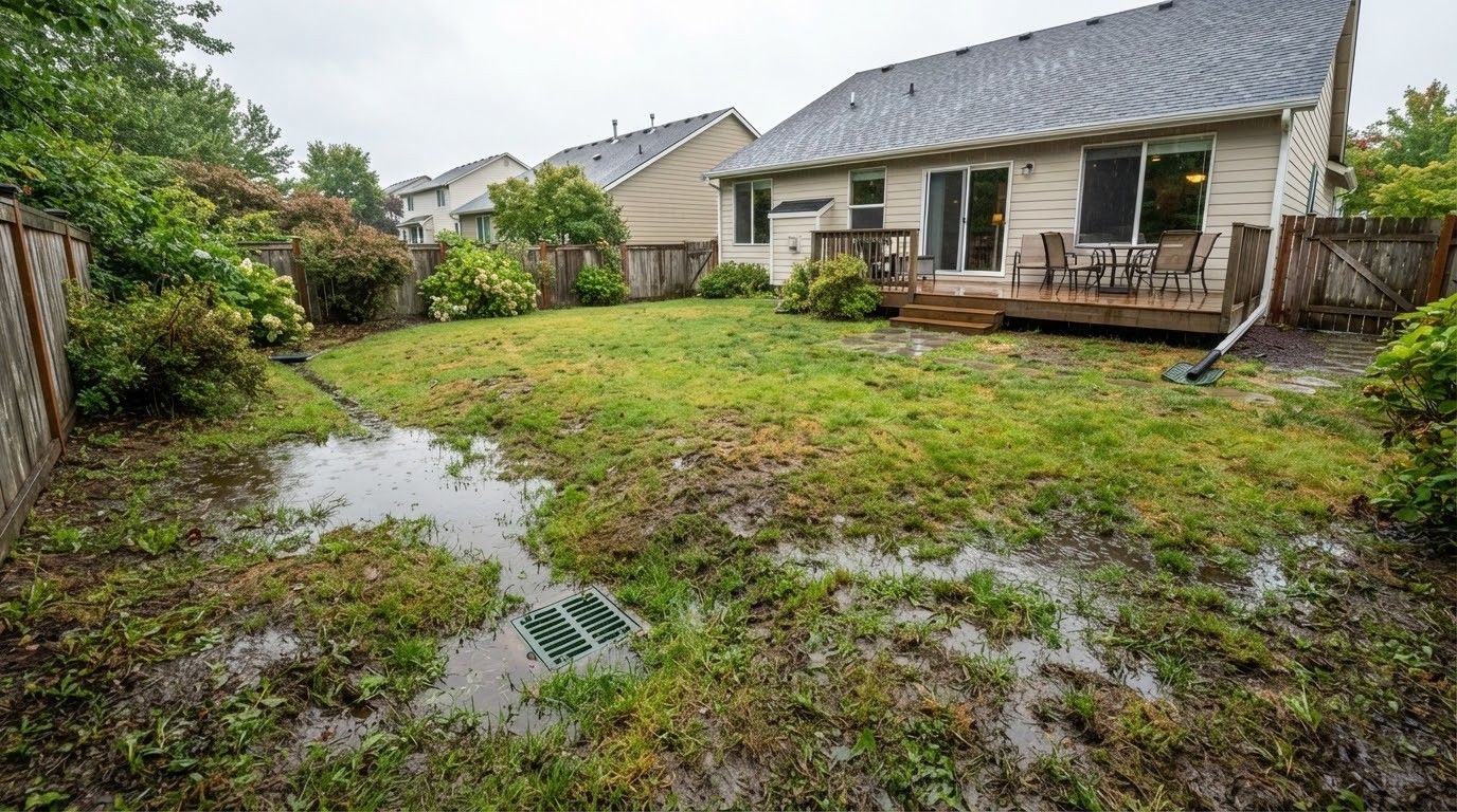 Wet backyard with muddy grass, patio, and a white house with porch chairs.