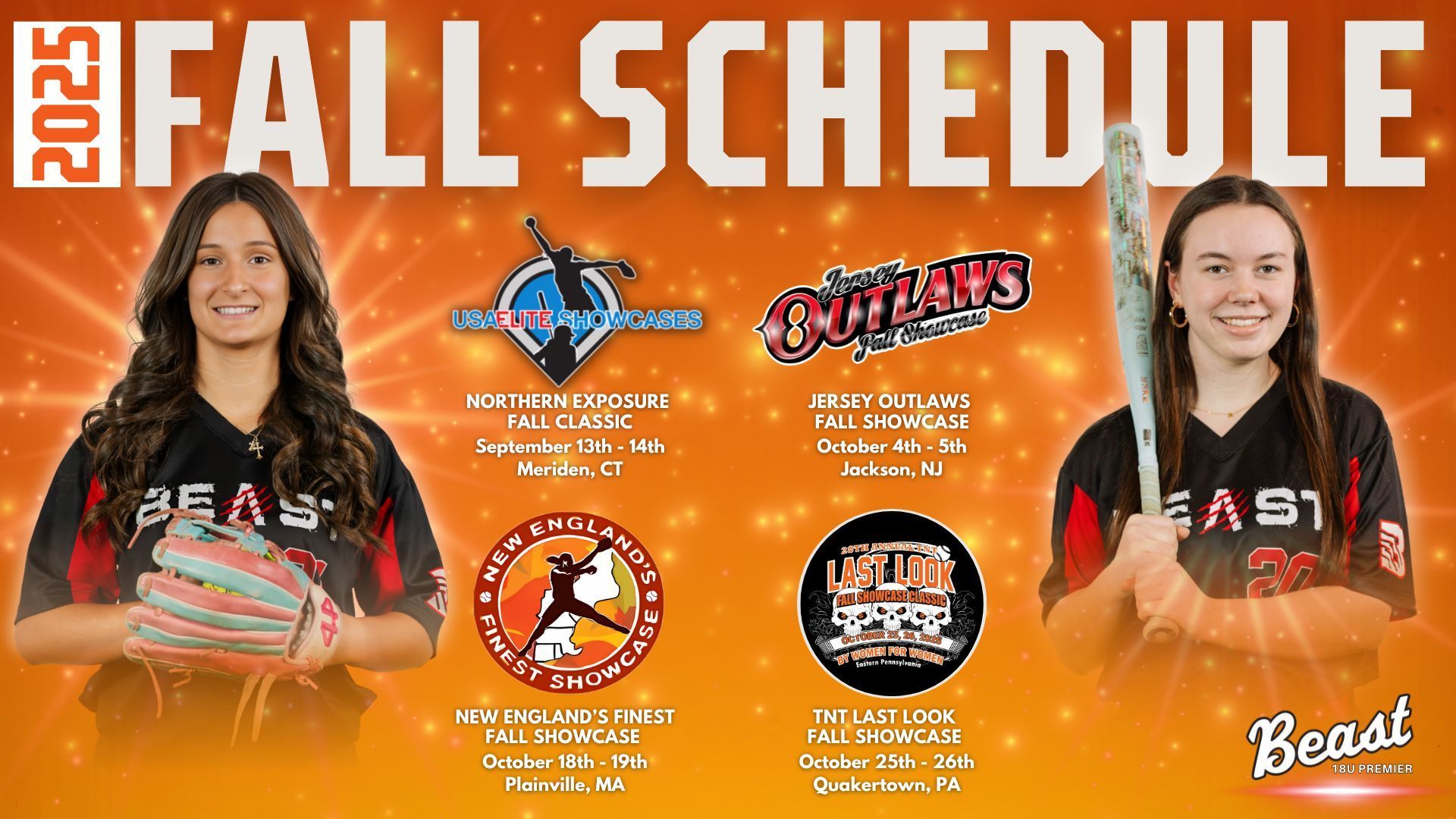 2025 Fall softball schedule listing four tournament dates and locations, featuring two players in team uniforms.