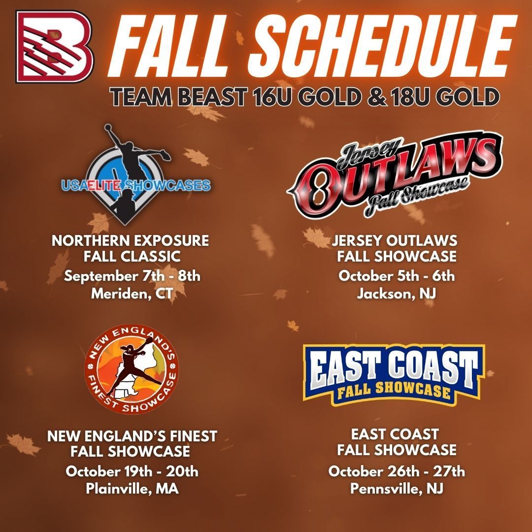 Team Beast 16U and 18U Gold fall softball schedule listing four showcase events in CT, NJ, and MA for September and October.