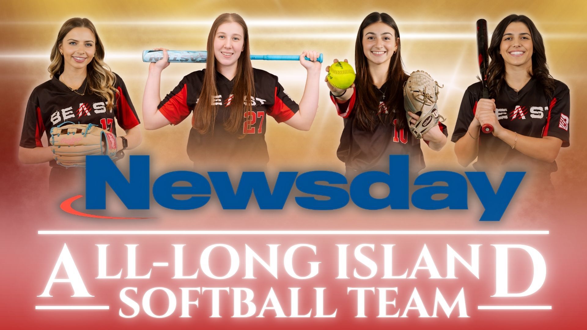 Four softball players in black and red jerseys against a gold background for the Newsday All-Long Island Softball Team.