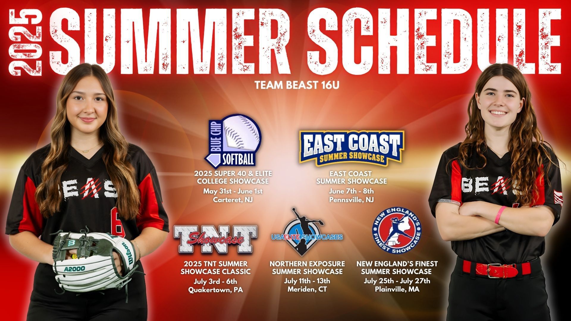 A flyer for the 2025 Team Beast 16U summer schedule featuring two softball players and logos of upcoming tournaments.