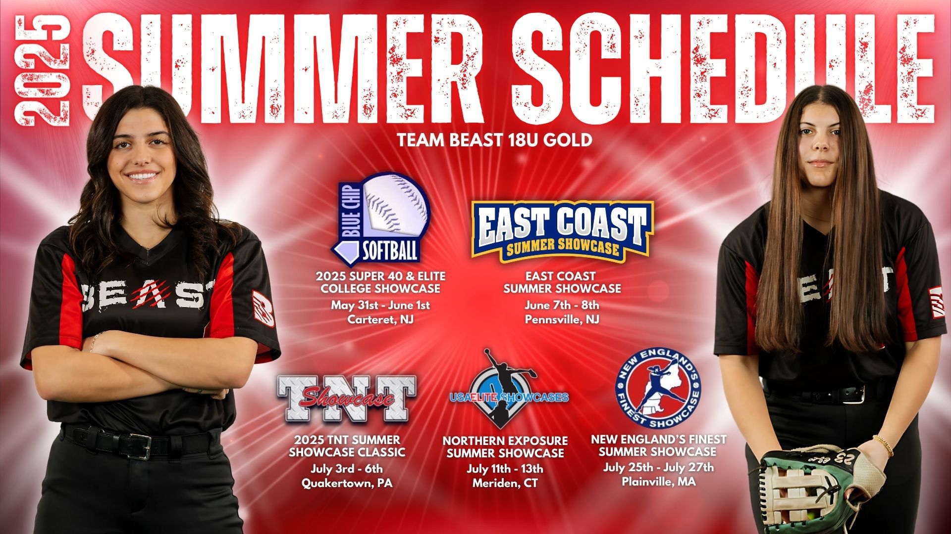 Team Beast 18U Gold 2025 summer softball schedule flyer featuring two players in uniform with tournament information.