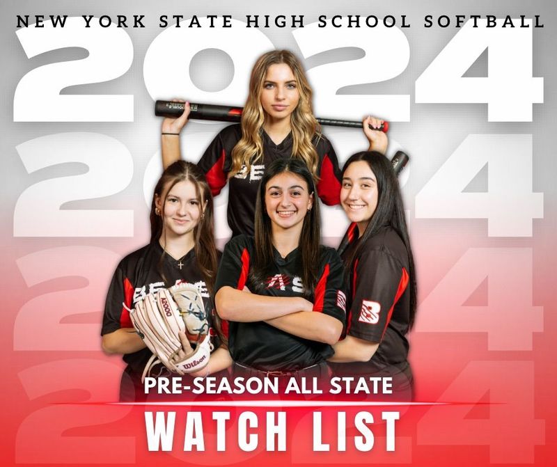 Four softball players in black and red uniforms pose for a 2024 New York State pre-season all-state watch list poster.