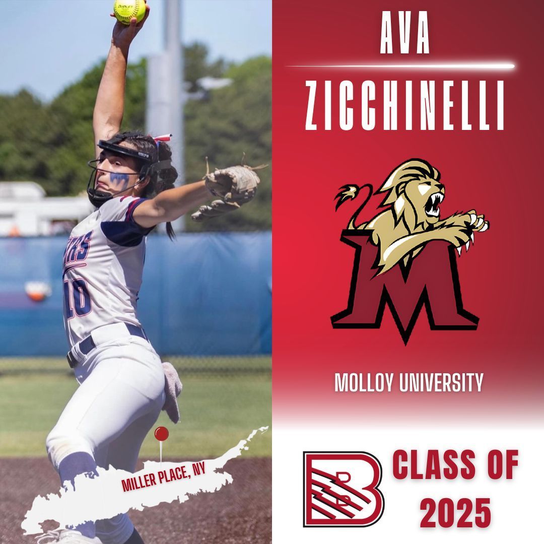 Softball player pitching, next to Molloy University logo, player name Ava Zicchinelli, and Class of 2025 text.