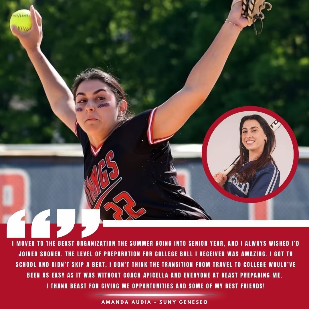 A softball player pitching on a field, with a circular inset photo of her and a testimonial quote by Amanda Aubia.