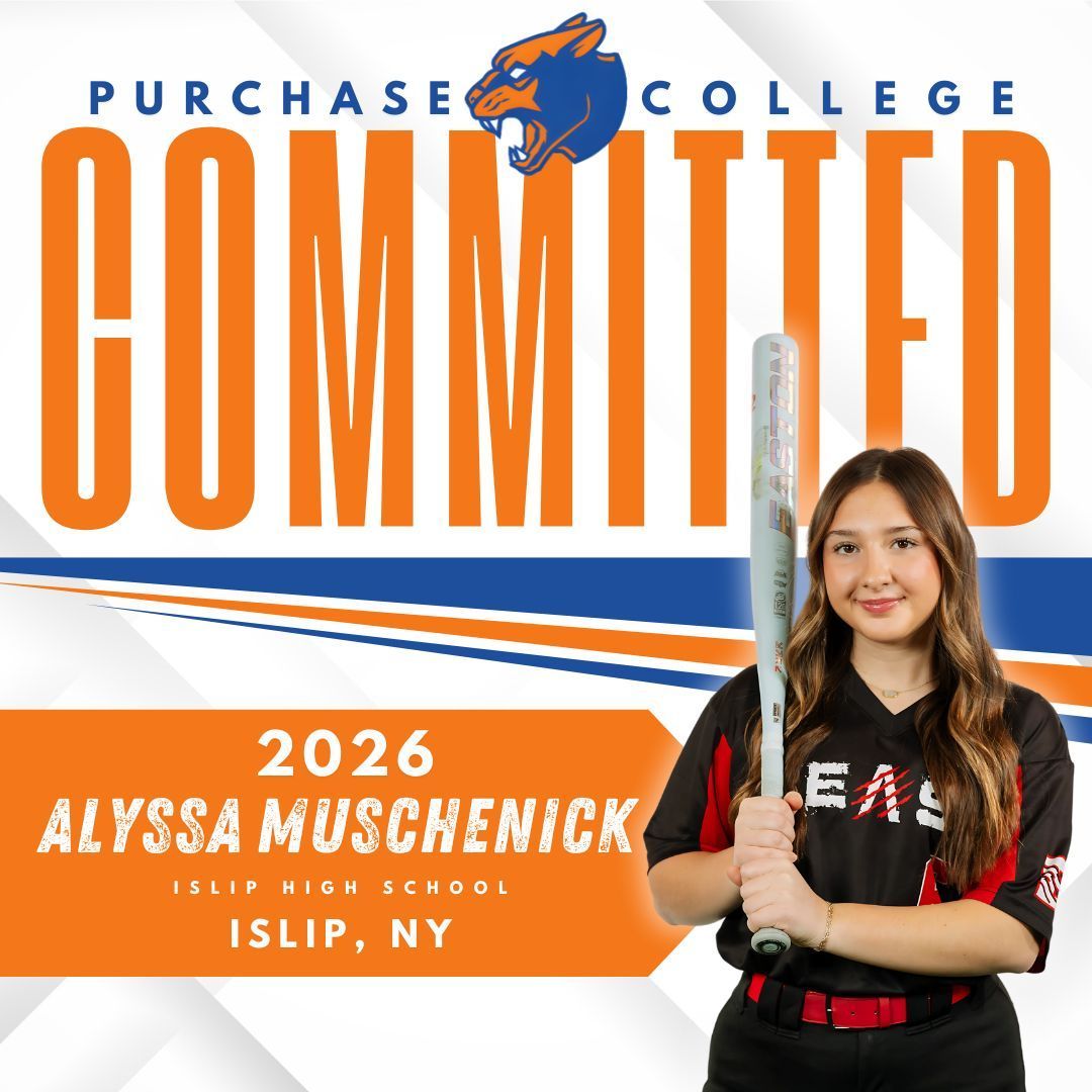Athlete Alyssa Muschenick poses with a softball bat for a Purchase College commitment graphic in orange, blue, and white.