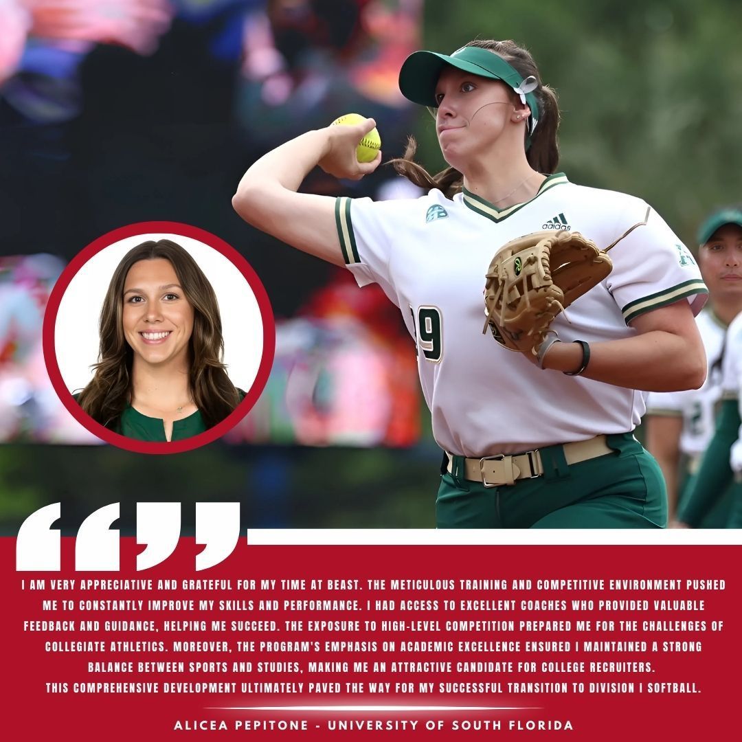 A softball player pitching on a field, with a circular headshot and a quote about her collegiate athletic development.