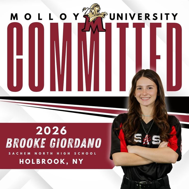 Molloy University commitment graphic for Brooke Giordano, Class of 2026, featuring her portrait in a sports uniform.