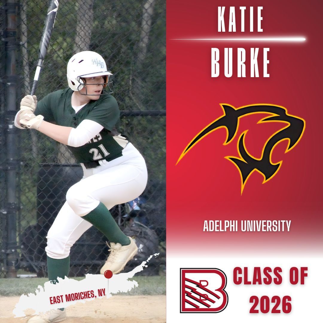 Katie Burke from East Moriches, NY, a softball player in a green jersey, commits to Adelphi University, Class of 2026.