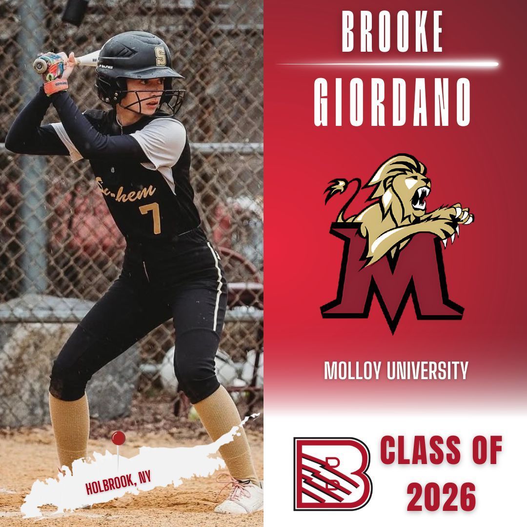 Softball player in a black uniform stands at bat on a field, beside text announcing Brooke Giordano, Molloy University.