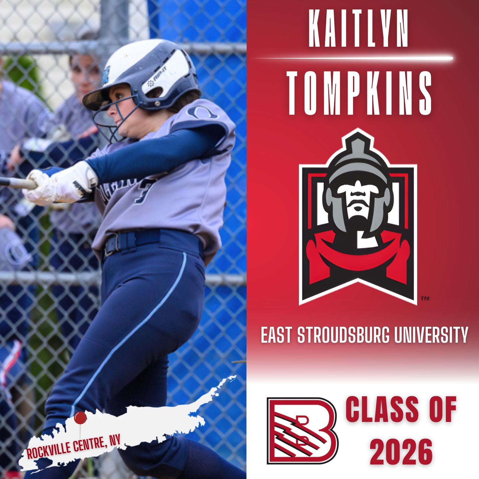 Softball player at bat, with East Stroudsburg University logo, text 