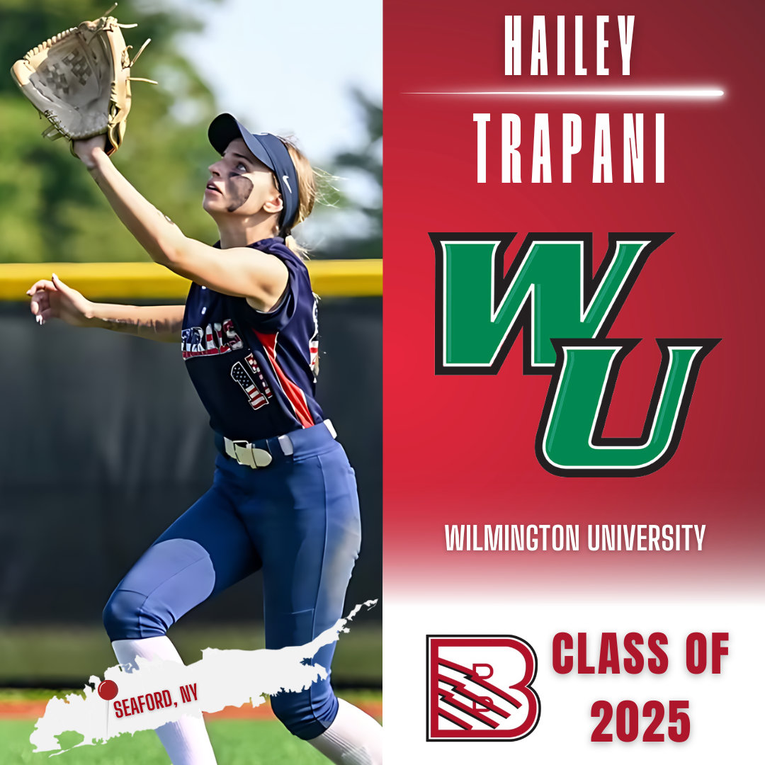 Hailey Trapani, a softball player, is catching a fly ball. Includes Wilmington University logo and Class of 2025 text.