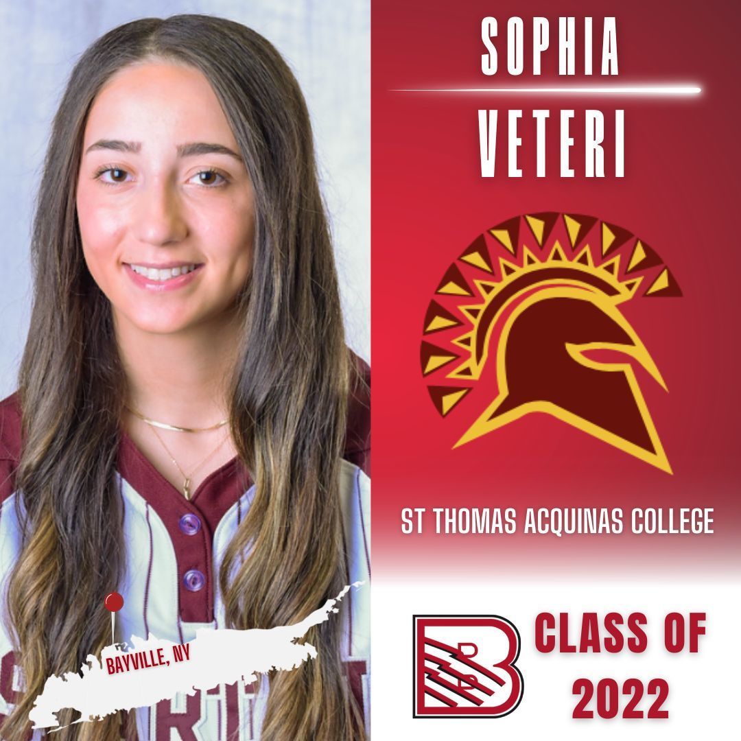 A recruitment graphic for Sophia Veteri, a Class of 2022 St. Thomas Aquinas College athlete from Bayville, NY.