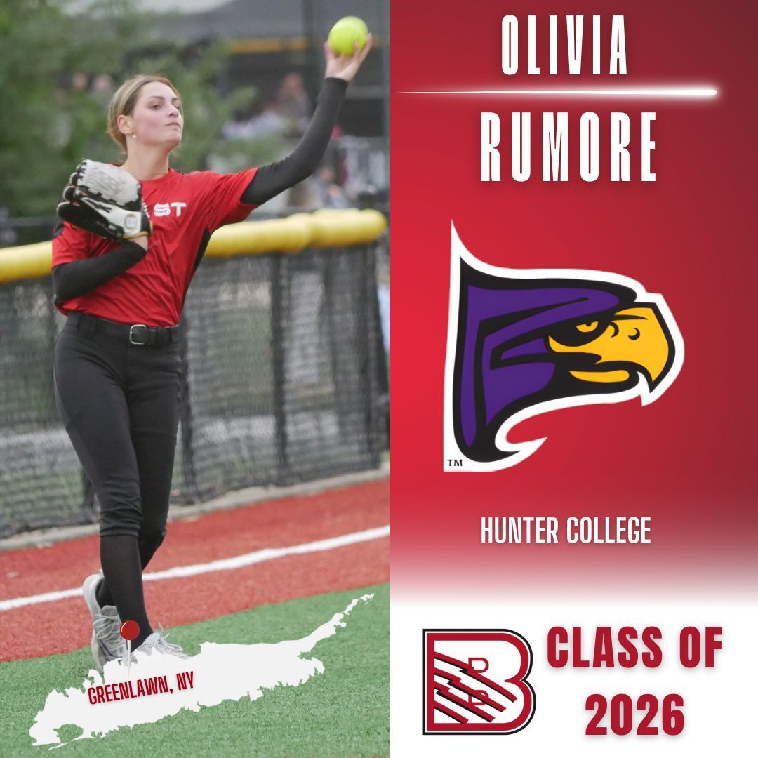 Olivia Rumore is shown in a softball uniform, mid-throw, alongside the Hunter College hawk logo and graduation year.