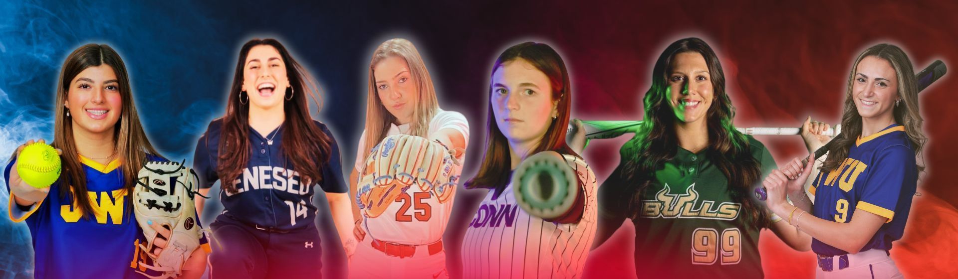 Six softball players in various team uniforms are posed against a blue and red gradient background.