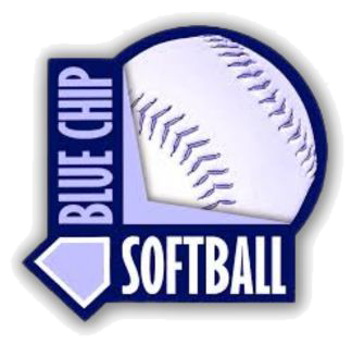 A blue and white logo featuring a softball and home plate shape with the text