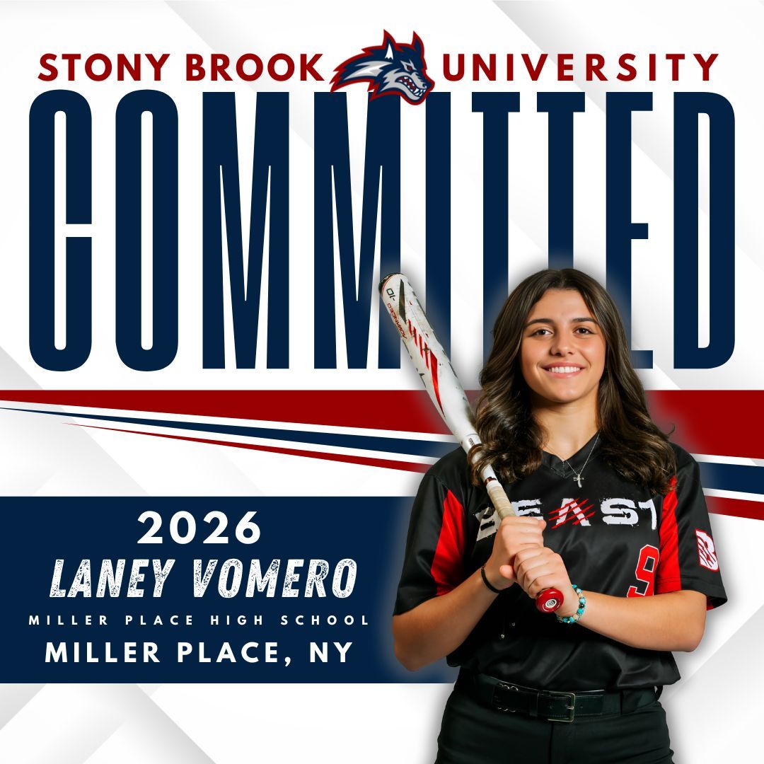 A Stony Brook University commitment graphic for Laney Vomero, featuring her holding a softball bat.