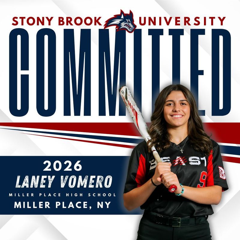 A Stony Brook University commitment graphic for Laney Vomero, featuring her holding a softball bat.