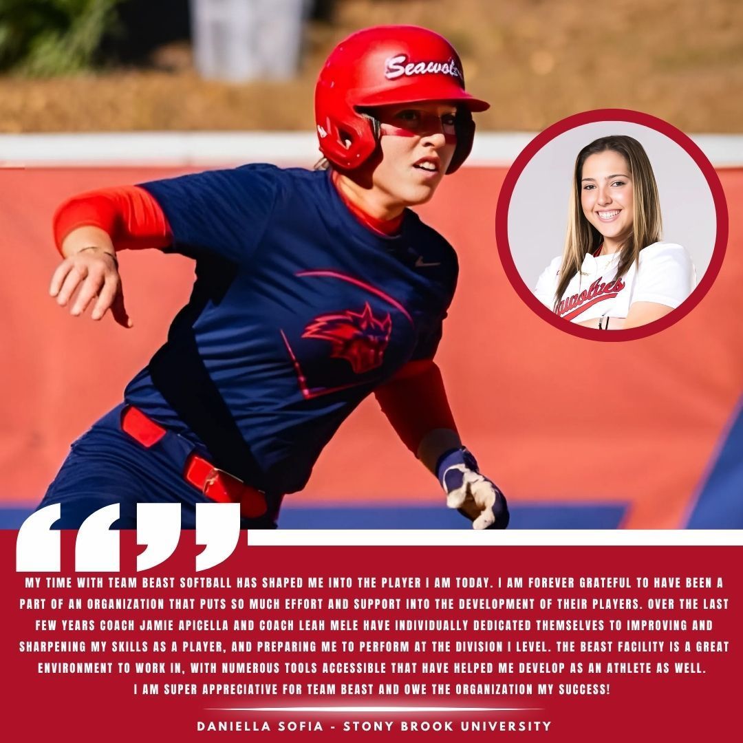 A softball player in a blue uniform and red helmet on a field, with a circular inset photo of her smiling and a testimonial.