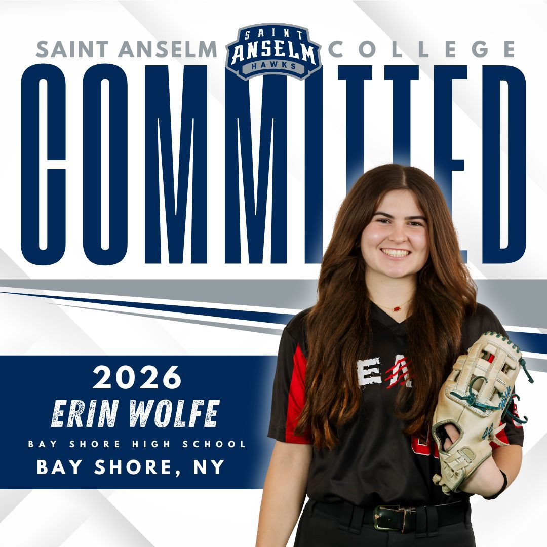 A graphic announcing Erin Wolfe of Bay Shore, NY, has committed to play for Saint Anselm College. She holds a softball glove.
