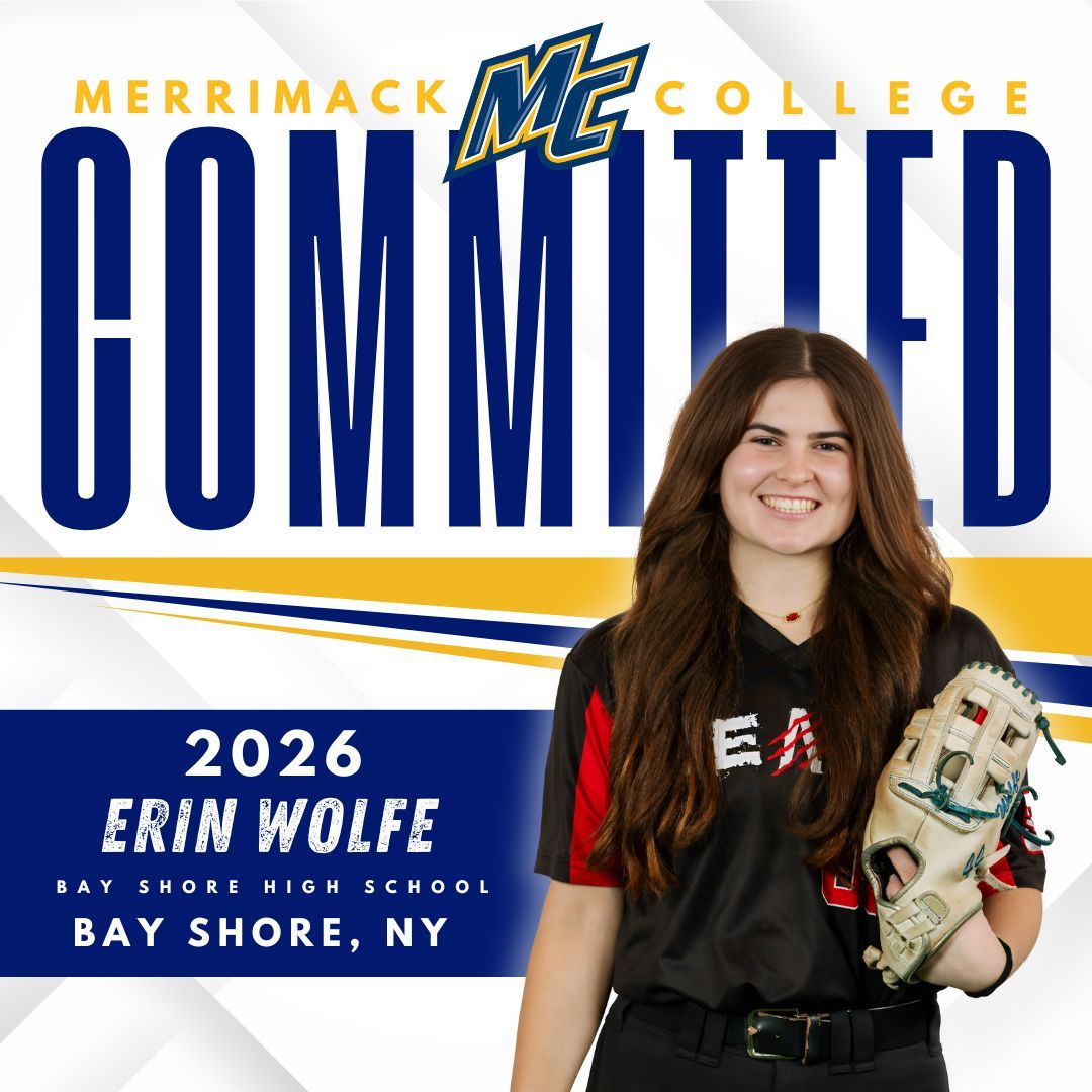 Erin Wolfe, Bay Shore HS, commits to Saint Anselm College. She holds a softball glove, smiling in a team uniform.