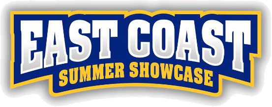 Logo for East Coast Summer Showcase with white text on a blue background and yellow outline.