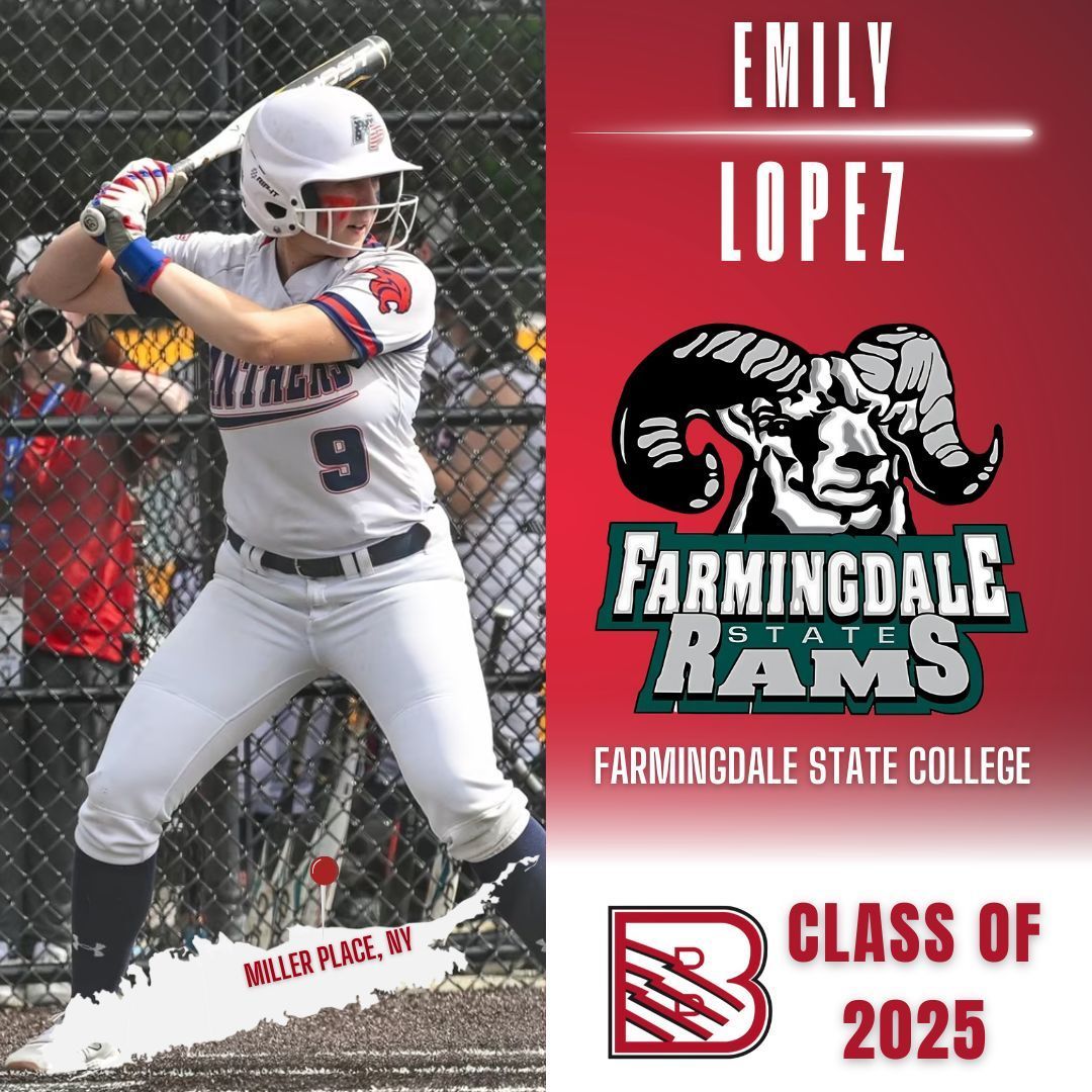 Emily Lopez, a softball player in a white uniform, stands at bat. Text notes she is committed to Farmingdale State Class 2025.