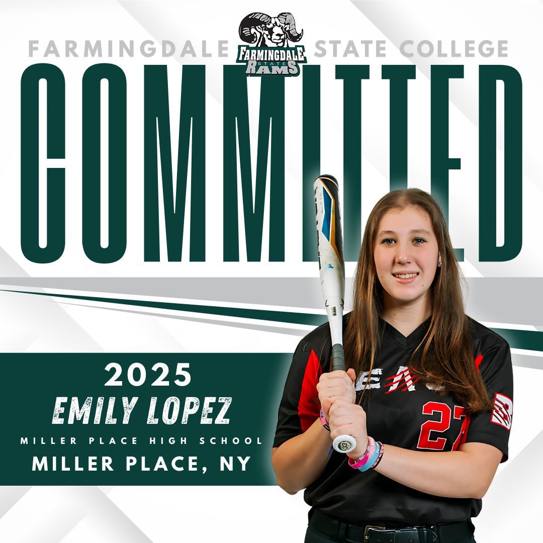 A graphic announcing that Emily Lopez from Miller Place High School has committed to play for Farmingdale State College.