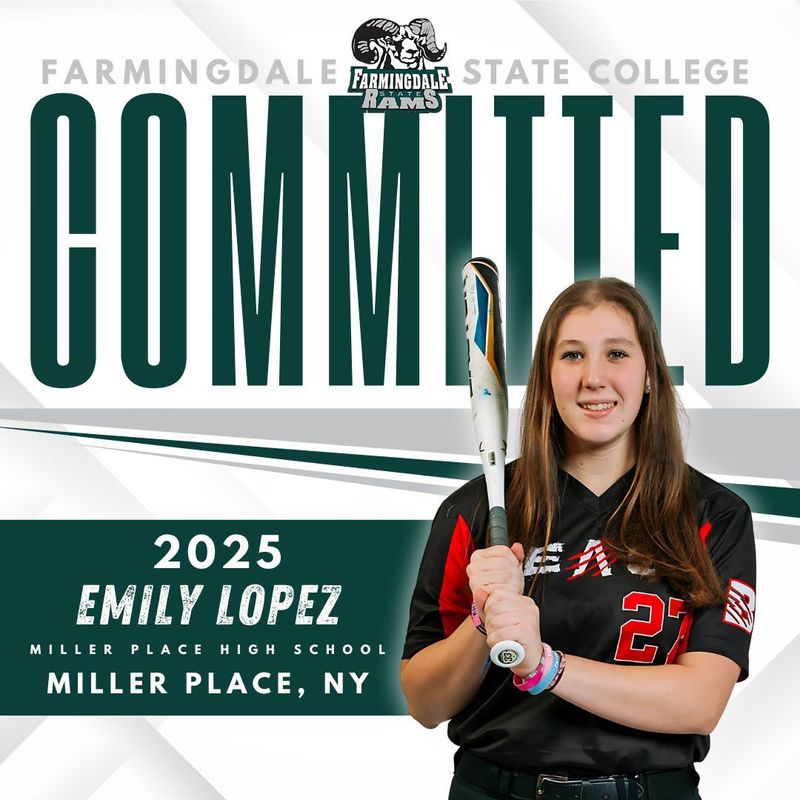 A graphic announcing that Emily Lopez from Miller Place High School has committed to play for Farmingdale State College.