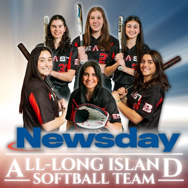 A group of six softball players in black and red uniforms holding bats and a glove for a Newsday All-Long Island team photo.
