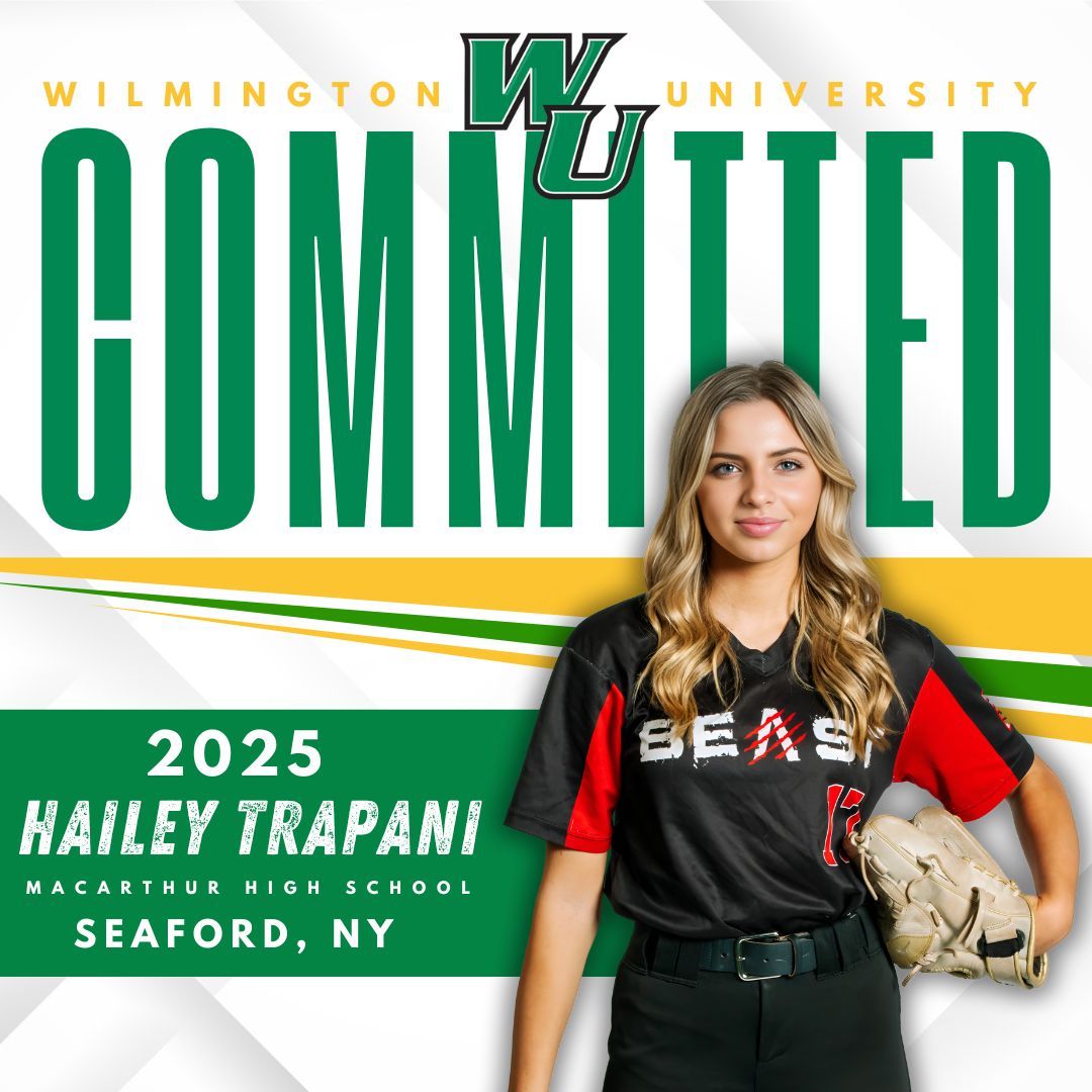Hailey Trapani, class of 2025, commits to Wilmington University for softball. She wears a black and red uniform with a glove.