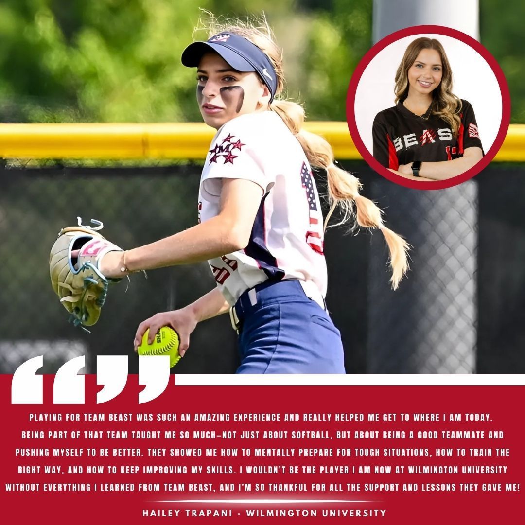 A softball player wearing eye black and a glove holds a ball on a field. Includes an inset photo and a testimonial quote.