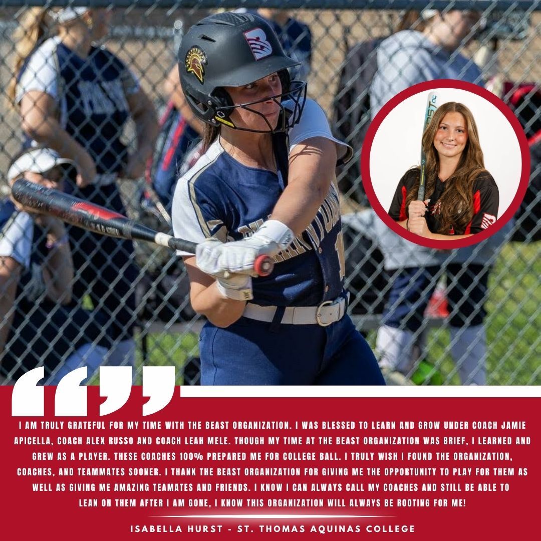A softball player swinging a bat on a field, with an inset photo of the athlete and a testimonial quote below.