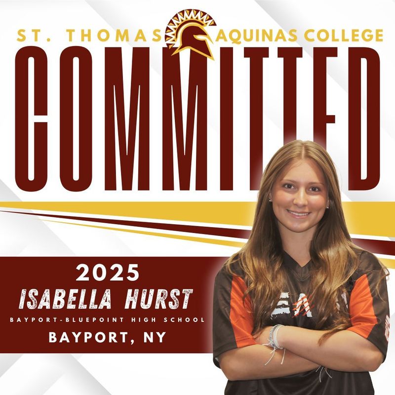 A commitment graphic for Isabella Hurst to St. Thomas Aquinas College, featuring her smiling photo against maroon and gold.