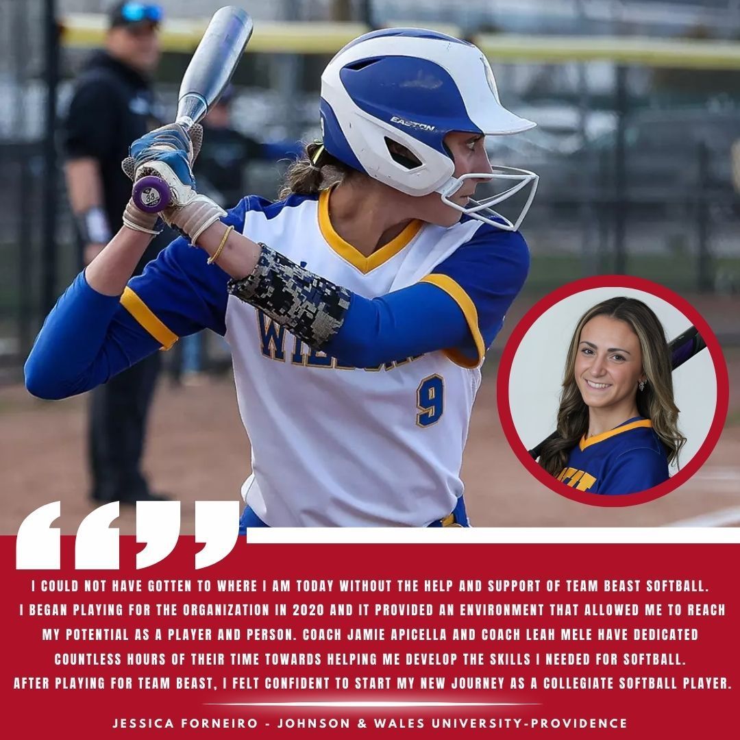 Softball player in a blue and white uniform holds a bat, with a circular inset of the same person smiling. Testimonial below.