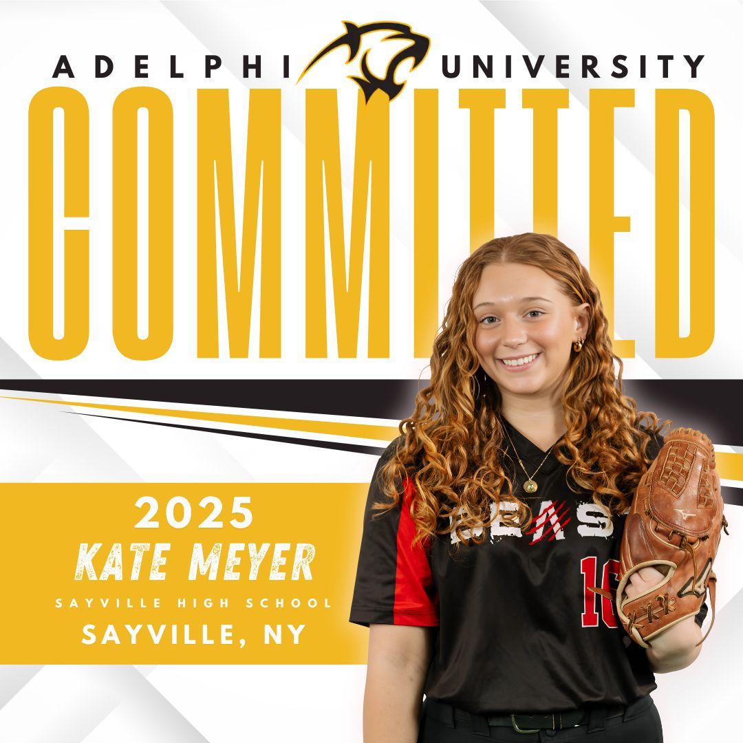 Graphic announcing Kate Meyer from Sayville High School has committed to Adelphi University, showing her in softball gear.