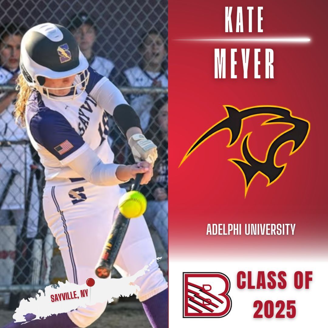 A softball player swinging a bat on the field, next to text identifying Kate Meyer, Adelphi University, and Class of 2025.