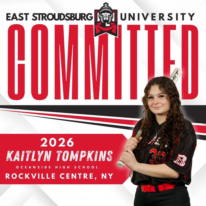 A college commitment graphic for Kaitlyn Tompkins, featuring her in softball gear with East Stroudsburg University branding.