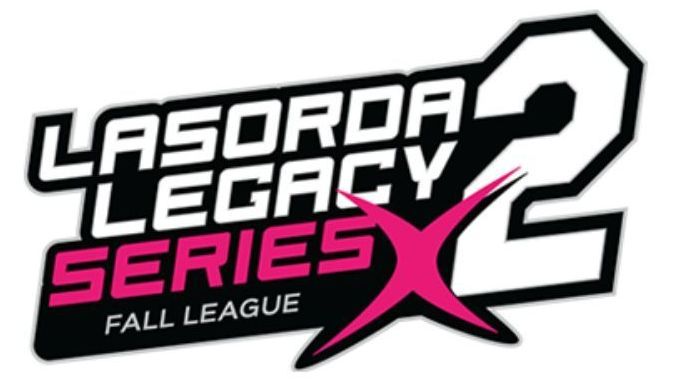 Logo for the Lasorda Legacy Series 2 Fall League with white, black, and pink text on a black background.
