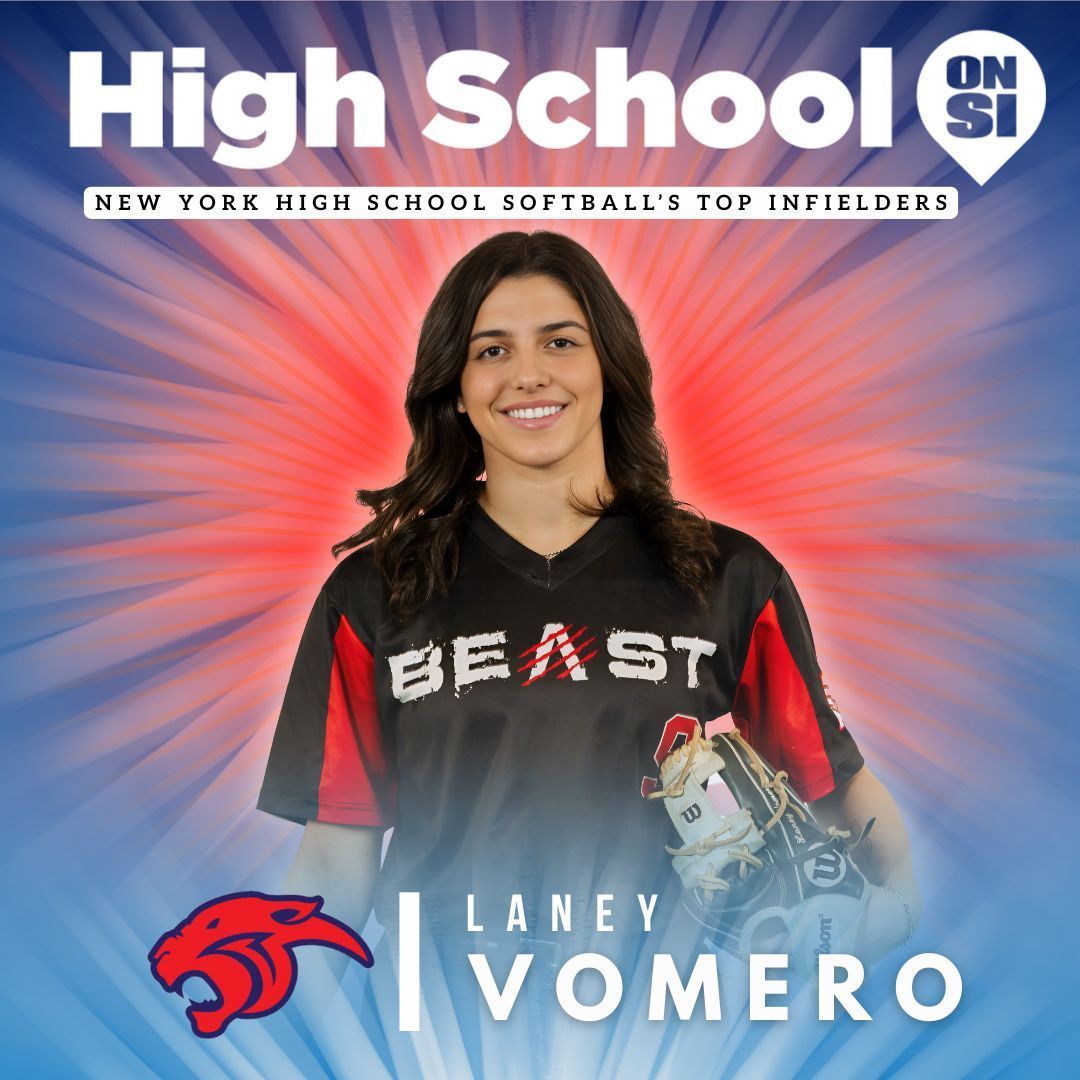 A portrait of softball player Laney Vomero wearing a Beast jersey, set against a red and blue sunburst background.