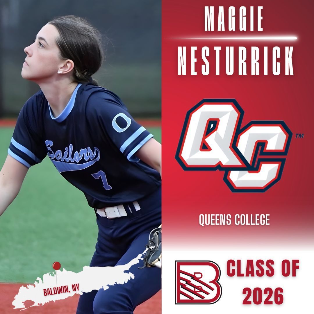 A softball player in a blue uniform stands on a field, alongside the Queens College logo and text, 