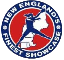 A blue, red, and white circular logo featuring a softball player in motion over a silhouette of New England.