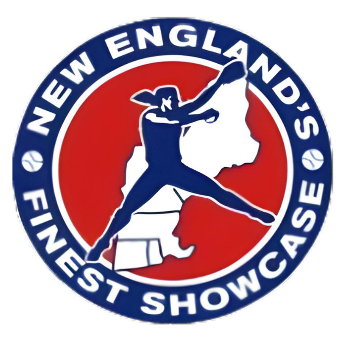 Logo for New England's Finest Showcase featuring a silhouette of a softball player pitching over a map of New England.