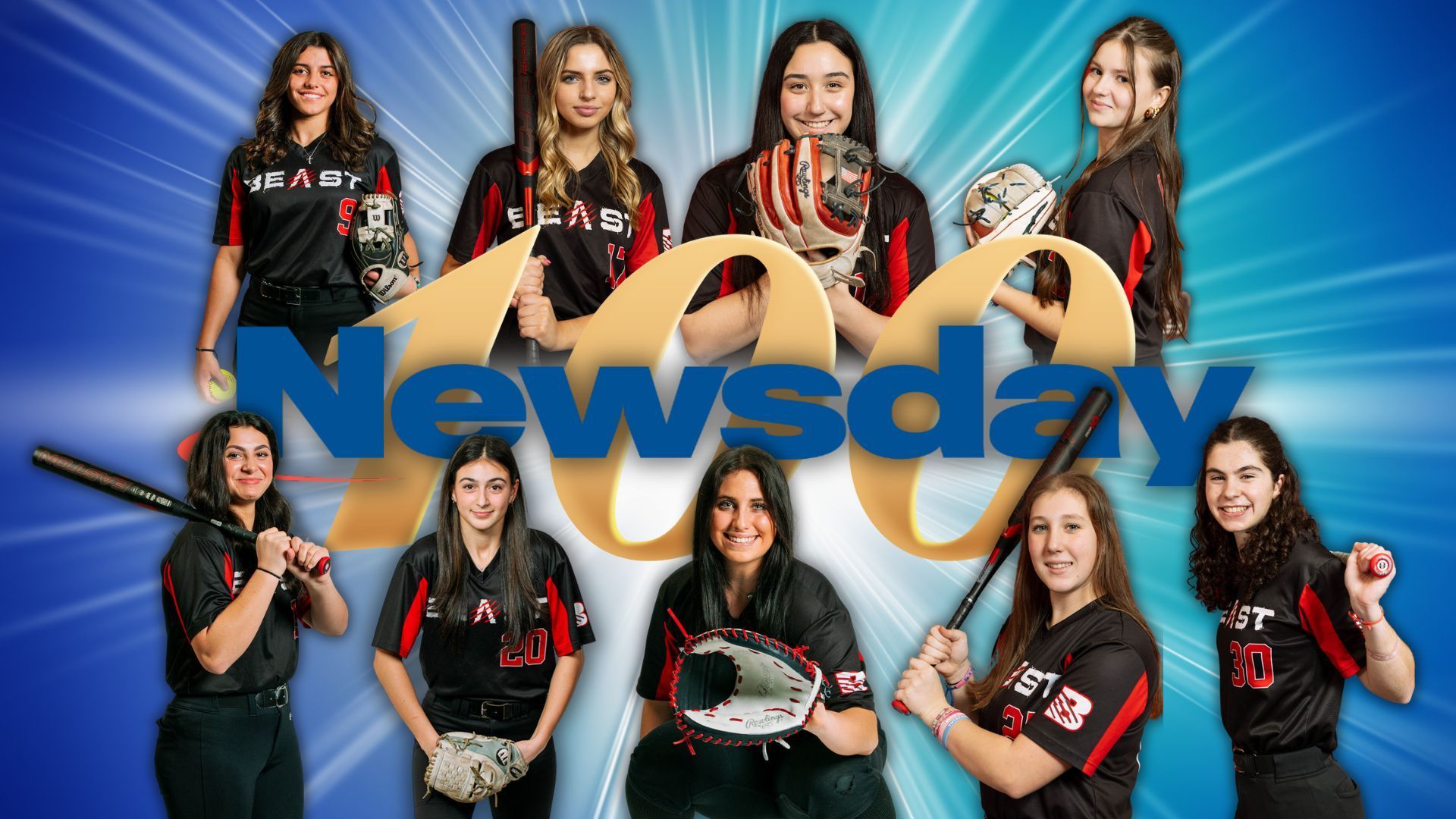 A promotional graphic featuring softball players in black jerseys with “Newsday 100” overlaid against a blue background.