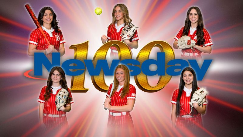Six softball players in red pinstripe uniforms pose in front of a golden 
