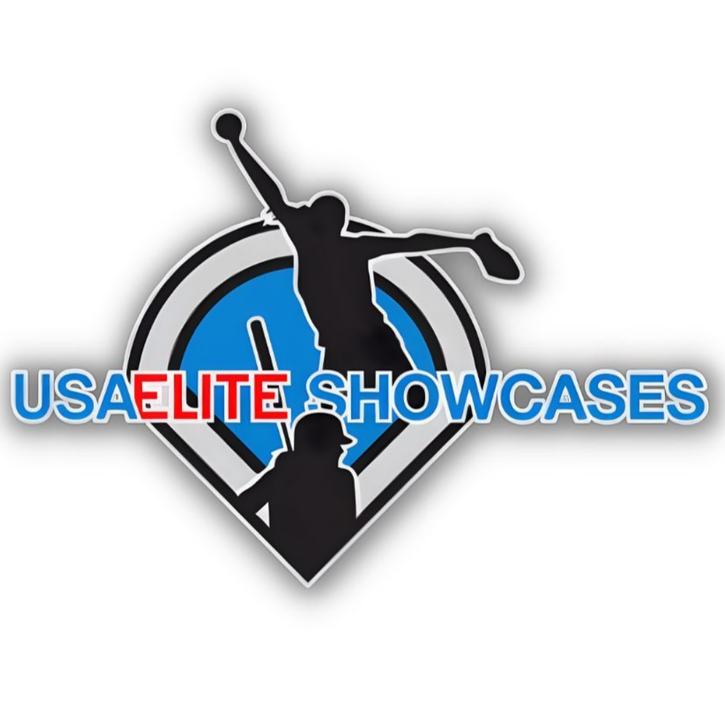Logo for New England's Finest Showcase featuring a silhouette of a softball player pitching over a map of New England.